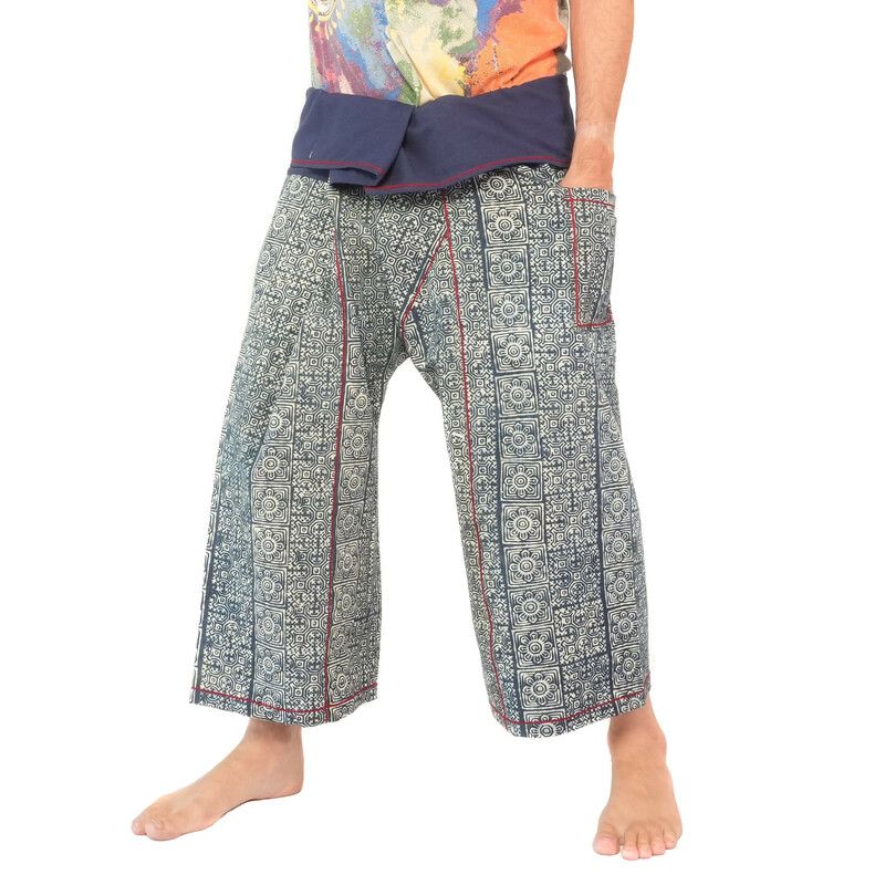 Pantalon de pêcheur thaïlandais de Chiang Mai, coton lourd imprimé indigo