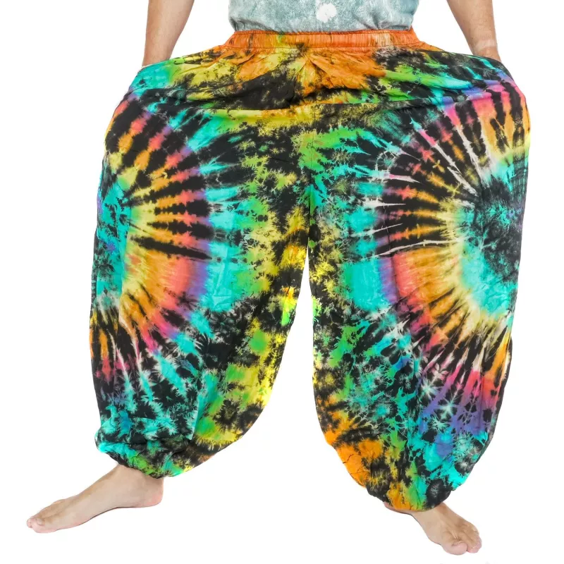 Bunte Haremshose mit Batik-Spirale aus Rayon, weite Ballonhose für Damen und Herren frontal Ansicht