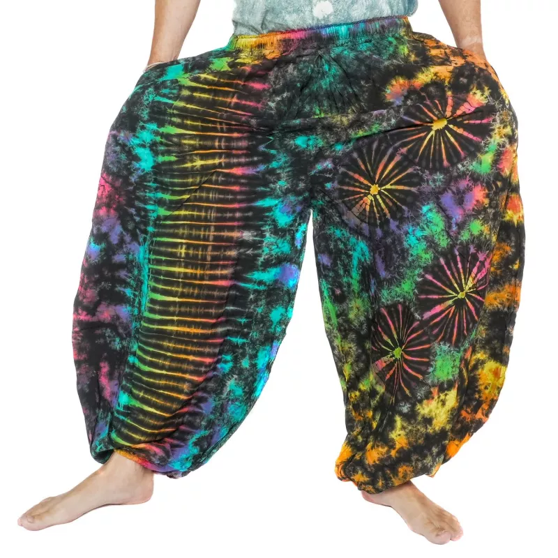 Bunte Haremshose mit Batik-Spirale aus Rayon, weite Ballonhose für Damen und Herren frontal Ansicht