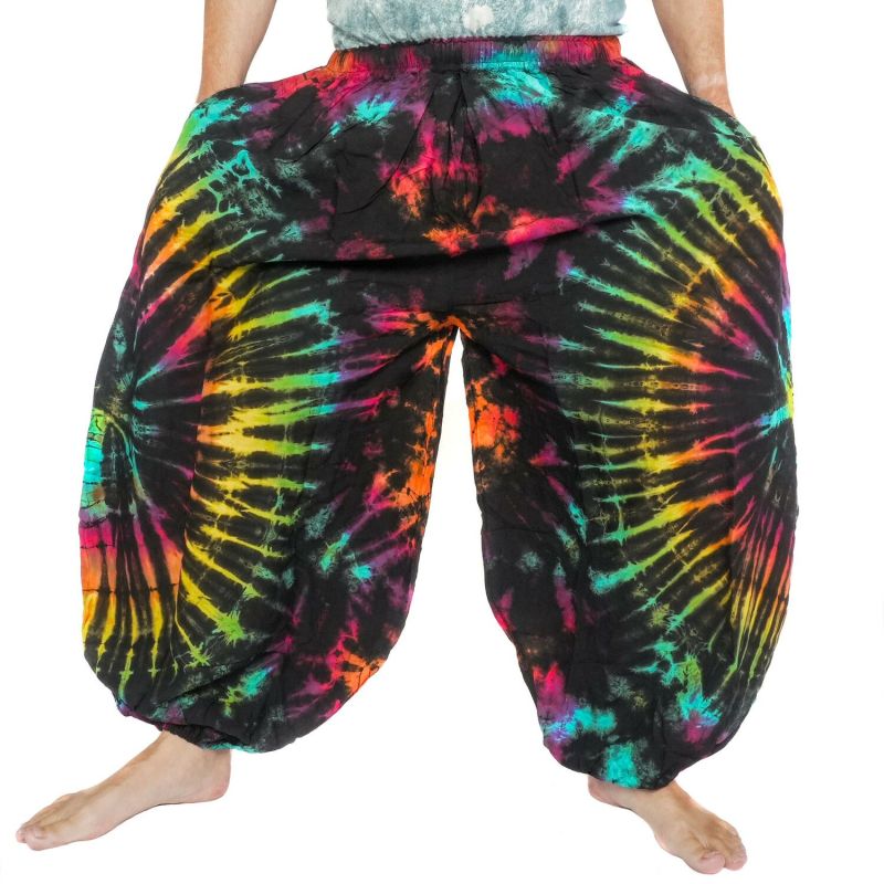 Bunte Haremshose mit Batik-Spirale aus Rayon, weite Ballonhose für Damen und Herren frontal Ansicht