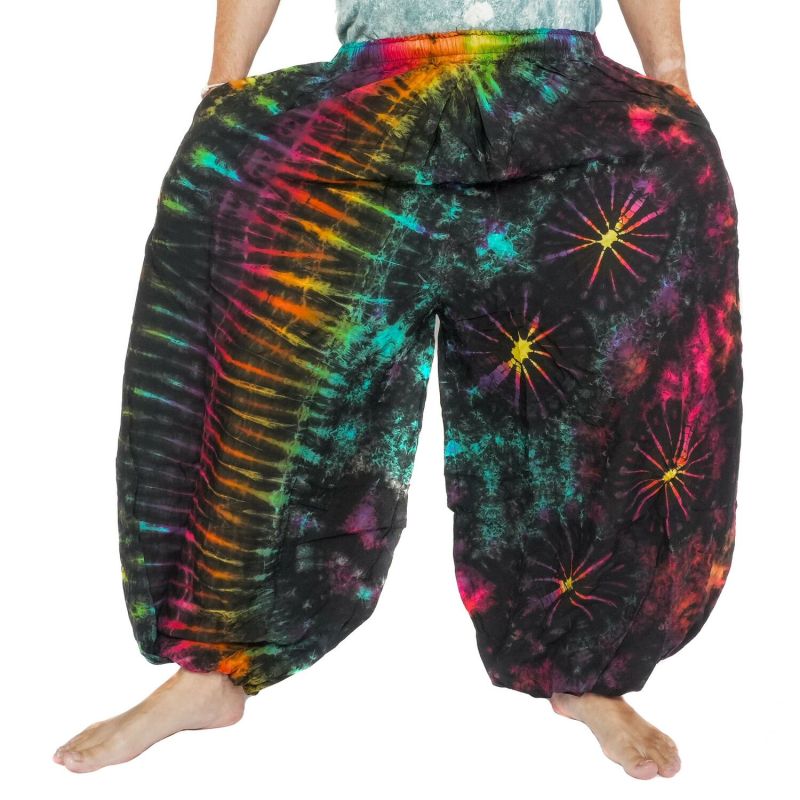 Bunte Haremshose mit Batik-Spirale aus Rayon, weite Ballonhose für Damen und Herren frontal Ansicht