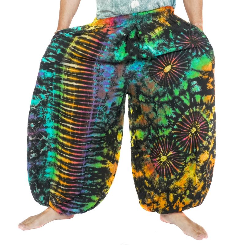Bunte Batikhose Unisex – Weite Haremshose aus Rayon |  Hippie Hose für Festival, Yoga & Strand | Handgefärbt aus Thailand